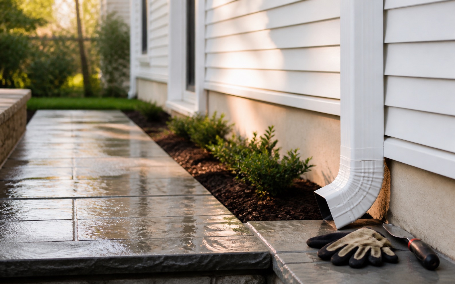 Clean downspout and rinsed stone walkway beside a white-sided home