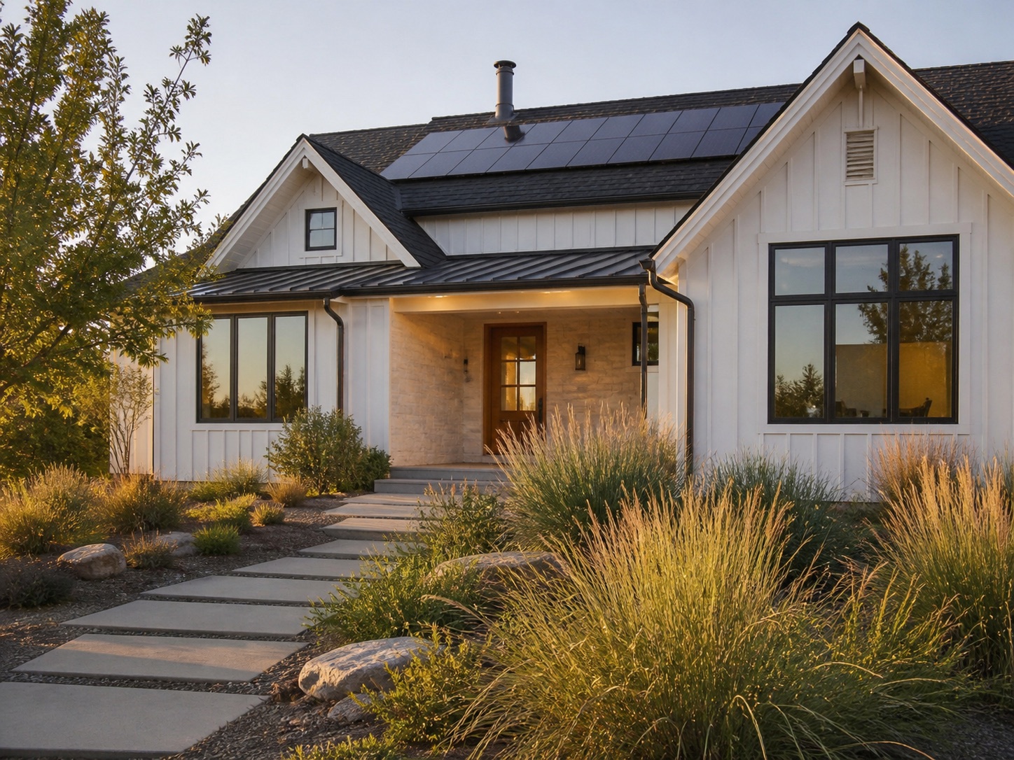 Well-maintained home exterior with clean windows, orderly gutters, and rooftop solar panels