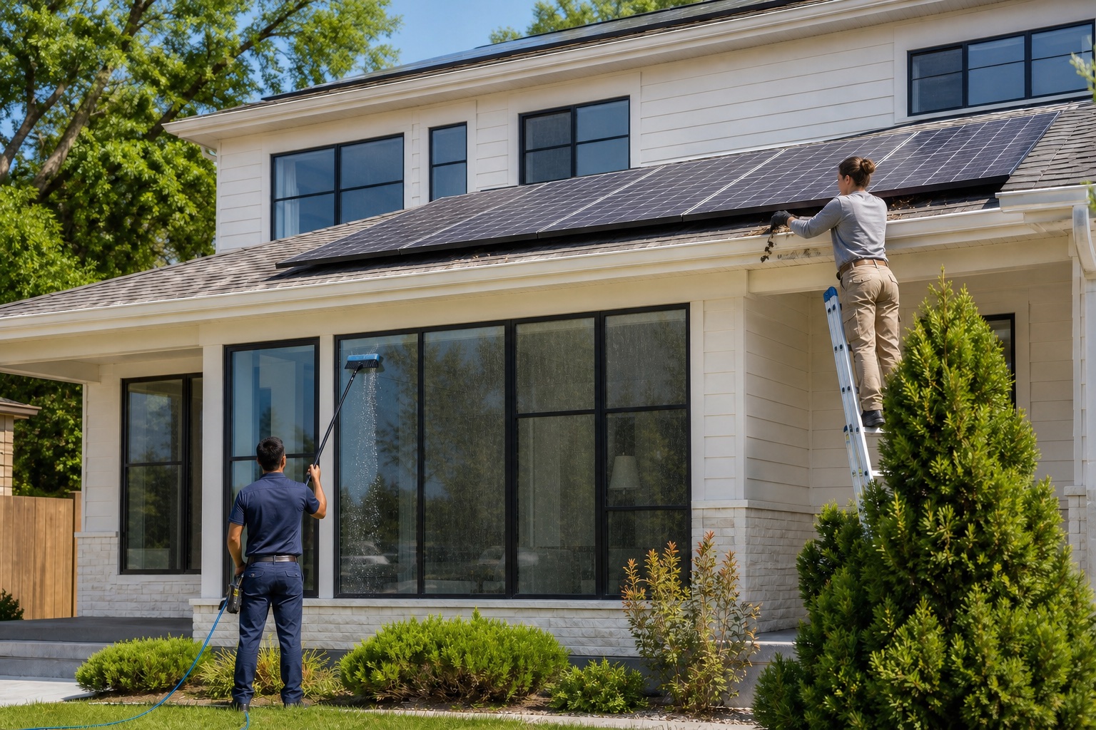 Sunlit home exterior with clean windows, gutters, and rooftop solar panels