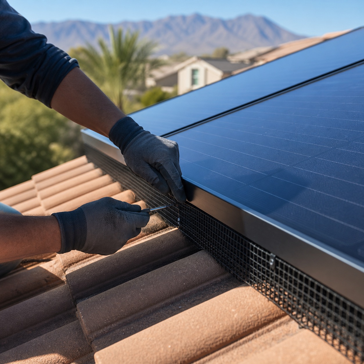 Installer fastening black mesh pigeon guards beneath a residential solar array