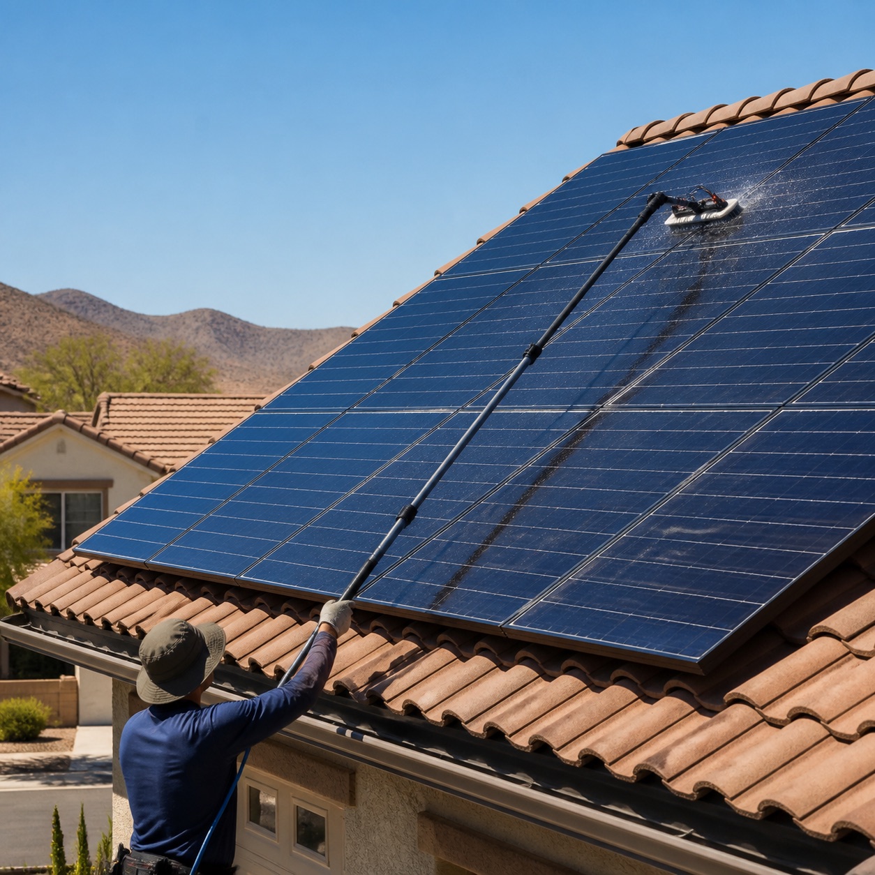 Technician cleaning rooftop solar panels with a water-fed brush